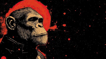 Vintage poster of an astronaut monkey, with retro colors and a retro vibe, detailed in the style of a Japanese artist. 