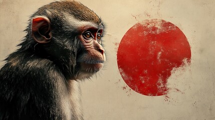 Vintage poster of an astronaut monkey, with retro colors and a retro vibe, detailed in the style of a Japanese artist. 