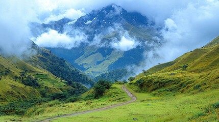 Mountain Valley Path Scenic Landscape Cloudscape