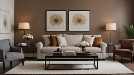 A modern stylish living room with a off-white fabric designer sofa set and photo frames displayed on the wall 3d illustration
