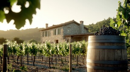 Naklejka premium A Italian vineyard bathed in golden hour light, with rolling hills covered in lush grapevines stretching into the horizon. In the foreground, skilled winemakers carefully harvest ripe grapes