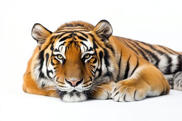 Obraz premium Majestic tiger rests on white background.