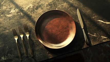 Empty plate, cutlery, marble table, sunlight, food photography