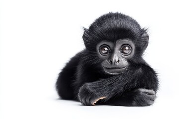 Fototapeta premium Adorable baby monkey, black fur, white background.
