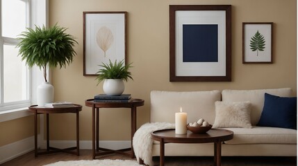 A modern stylish living room with an off-white colour designer sofa set and photo frames displayed on the wall 3d illustration.
