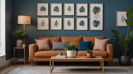 A modern stylish living room with a brown designer sofa set and photo frames displayed on the wall 3d illustration