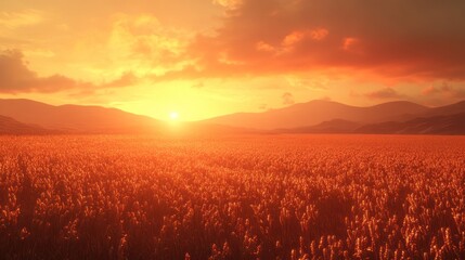 Fototapeta premium Sunset over golden field, mountains backdrop. Peaceful nature scene, ideal for travel brochures
