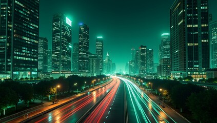 Fototapeta premium A futuristic representation of a bullish stock market, featuring glowing green graphs, digital data streams, and financial symbols radiating success and unstoppable growth. AI-generated.