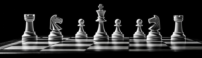 Black and White Chess Pieces on a Board in Dramatic Lighting for Strategic Game Concept