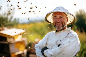Beekeeper standing confidently in front of thriving apiary with bees soaring overhead on a sunny day. Generative AI
