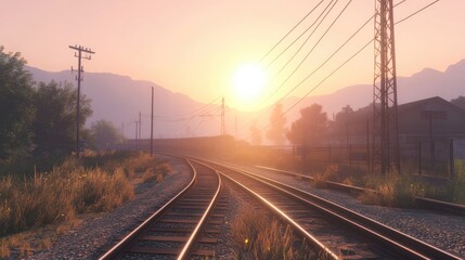 Serene Sunrise Over Train Tracks in a Peaceful Mountain Landscape