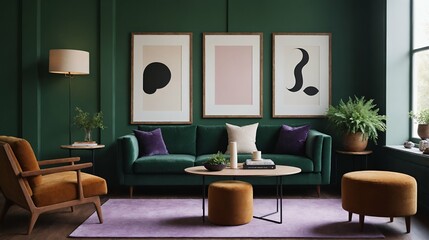 A modern stylish living room with a dark green designer fabric sofa set and photo frames displayed on the wall 3d illustration.