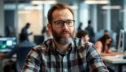 Obraz premium A focused man with a beard and glasses, wearing a plaid shirt, sitting at a desk in an office environment. Background shows blurred silhouettes of other people working on computers. The atmosphere is 