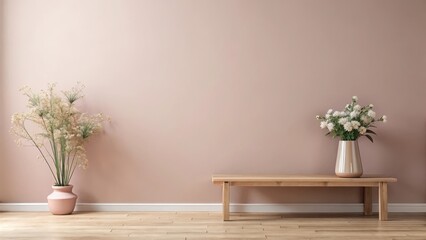 Soft pastel pink wall with a few scattered flowers and a delicate wooden bench, earthy, soothing,  earthy, soothing