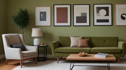 Fototapeta premium A modern Scandinavian-inspired living room with a olive green designer sofa set and a photo frame is displayed on the wall 3d interior illustration image.