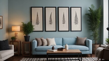 A modern Scandinavian-inspired living room with a sky blue designer sofa set and photo frames is displayed on the wall 3d interior illustration image.