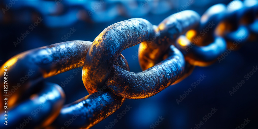 Poster blockchain technology conceptual image with chain links representing connectivity and security