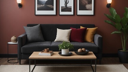 A modern Scandinavian-inspired living room with a grey designer sofa set and photo frames is displayed on the wall 3d interior illustration image.