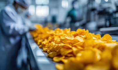 Potato Chips on a Conveyor Belt in a Food Processing Facility