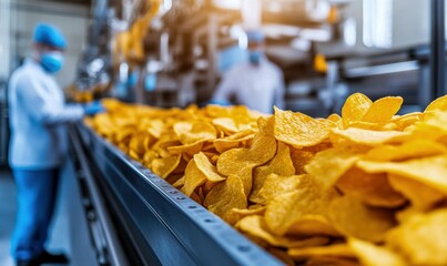 Potato Chips on a Conveyor Belt in a Food Processing Facility