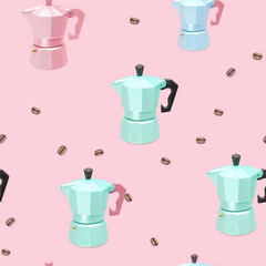 Seamless coffee pattern with pastel moka pots and beans on pink background