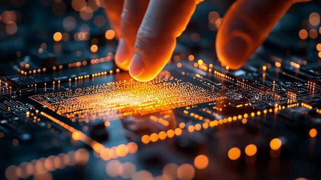 Person's finger touching a glowing microchip on a dark circuit board at night