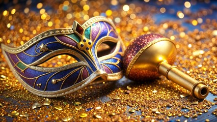 Purim mask with golden glitter and noisemaker on festive background