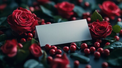 Blank card nestled in red roses and berries, dark background, Valentine's Day