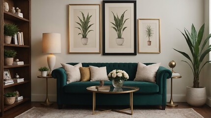 A modern stylish living room with a dark green designer sofa set and photo frames displayed on the wall 3d illustration.
