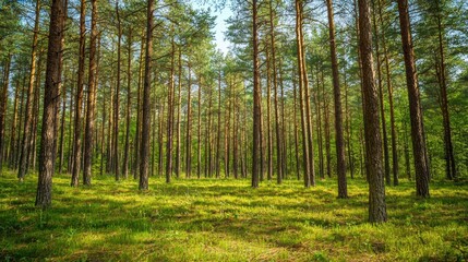 Obraz premium lookup to the sky from the floor of pines forest in spring