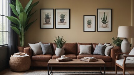 A modern stylish living room with a designer sofa set and photo frames displayed on the wall 3d illustration