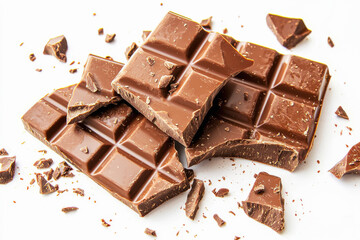 Milk chocolate bar broken into uneven pieces with visible crumbs on a clean white background