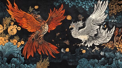 Fototapeta premium Dual phoenix illustration with vibrant colors and intricate details on a dark background