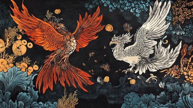 Dual phoenix illustration with vibrant colors and intricate details on a dark background