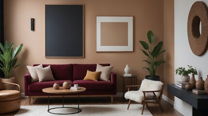 Obraz premium A modern stylish living room with a dark red designer fabric sofa set and photo frames displayed on the wall 3d illustration.