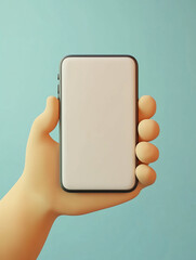 3D cartoon-style hand holding a blank smartphone screen on a pastel background. Perfect for app mockups, UI/UX design presentations, mobile advertising, and digital marketing concepts