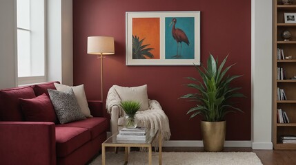 Fototapeta premium A modern stylish living room with a dark red designer fabric sofa set and photo frames displayed on the wall 3d illustration.