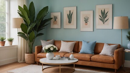 A modern stylish living room with a designer sofa set and photo frames displayed on the wall 3d illustration