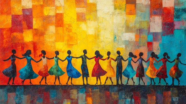 Abstract painting of women holding hands in vibrant dresses against a colorful block background conveys unity and sisterhood