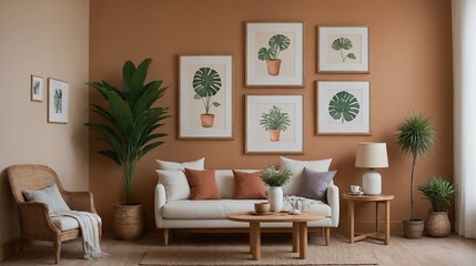 A modern stylish living room with an off-white colour designer sofa set and photo frames displayed on the wall 3d illustration