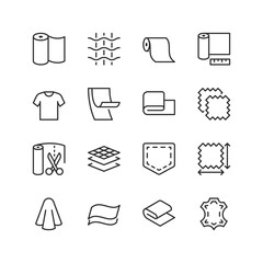 Textiles and Fabrics, linear style icon set. Icons depicting materials and tools used in the textile industry. Rolls of fabric, sewing patterns, stitching, and leather. Editable stroke width