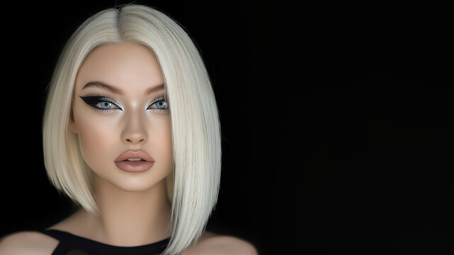 Platinblonde Haare im Bob-Schnitt, glamour&ouml;ses Make-up mit betonten Augen und Lippen. Beauty-Portrait mit hellem Teint und perfektem Styling. Kontrastreiche Mode-Aufnahme