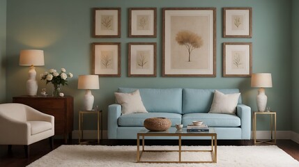 A modern stylish living room with a sky blue color designer sofa set and photo frames displayed on the wall 3d illustration