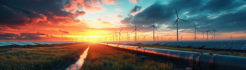 Stunning Sunset Over Renewable Energy Landscape with Wind Turbines and Solar Panels in a Vast Open Field