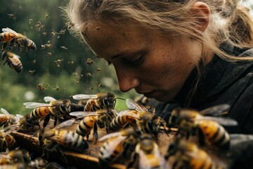 Beekeeper training under buzzing skies as apprentice learns the art of hive management and bee handling outdoors. Generative AI