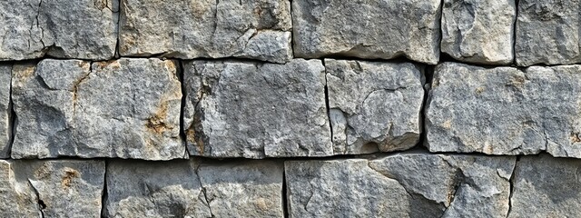Fototapeta premium Ash gray limestone rock background. Crumbled, uneven, and rugged stone texture with deep cracks and rough edges.