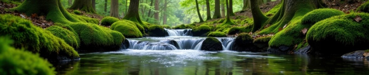 slow-moving stream with mossy banks and forest surroundings, nature, trees, moss