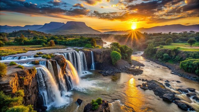 Ethiopian sunset paints the dry season Blue Nile Falls at Bahir Dar in fiery hues.