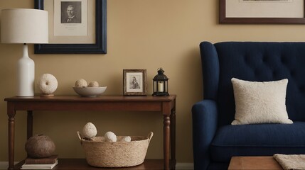 A modern stylish living room with a dark blue designer sofa set and photo frames displayed on the wall 3d illustration