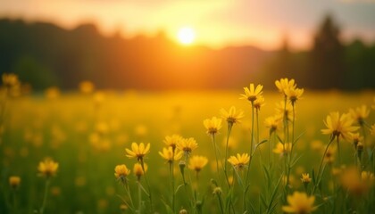 Vibrant Yellow Flowers in a Field at Sunset